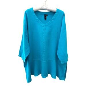 FOCUS CASUAL LIFE 100% Linen Turquoise Blue Tunic Top Boho Coastal Resort | XL